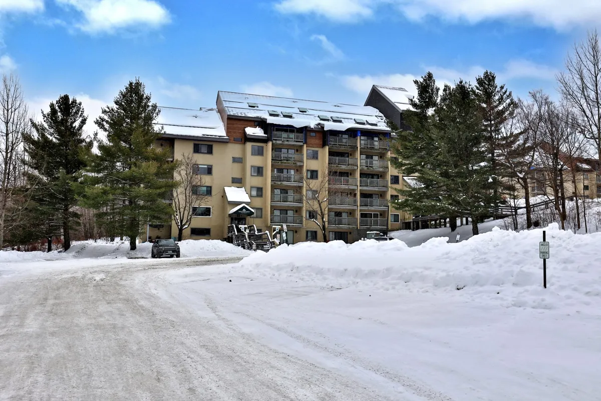A tranquil winter landscape surrounds a multi-story building nestled among snow-covered trees. The scene hints at immediate access to the slopes, enhancing the sense of immersion in nature and outdoor adventure.